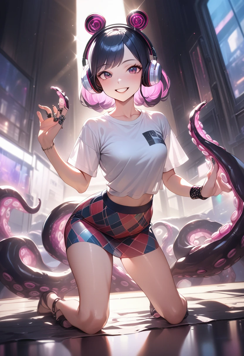 masterpiece, 最 high quality,  high quality,  1 girl, ( Splatoon Ink Ring,  Transparent Tentacles ,   translucent white shirt  ,  Subsurface Scattering ),  gradation hair,  headphones,   great composition , Amazing lighting, High saturation, Vibrant,  Argyle Pattern ,   Realistic Lighting,  high resolution, Modern Patterned Skirt , fashionable,  fashion model full of eroticism, smile, teeth