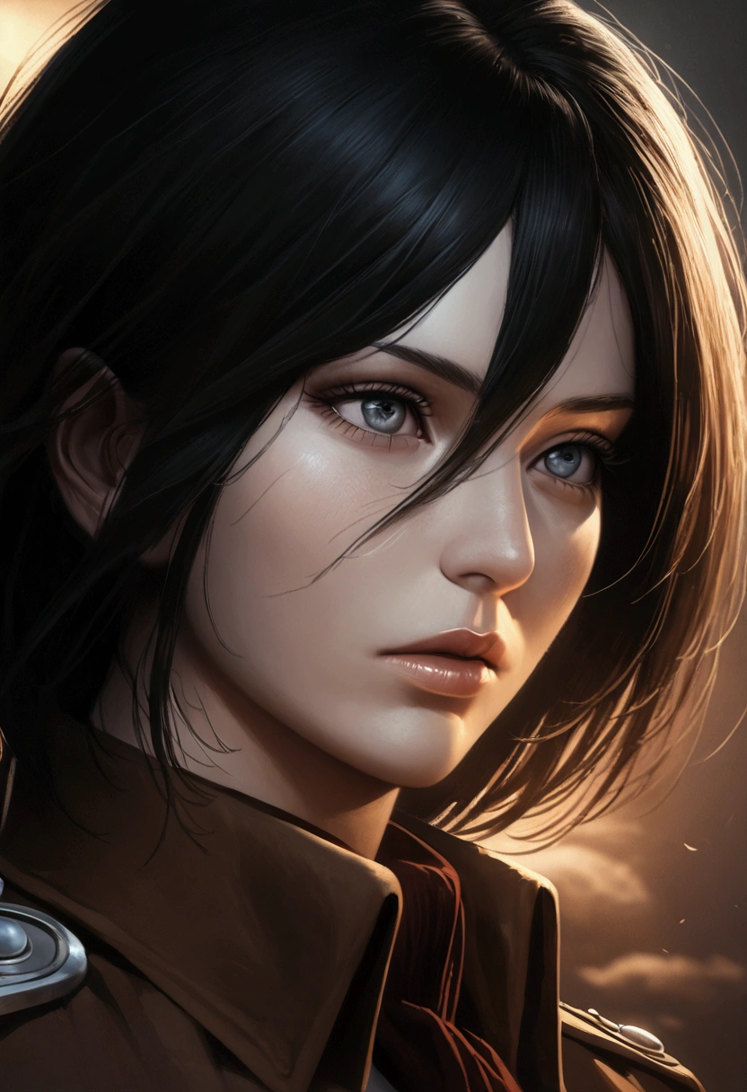 realistic portrait of mikasa ackerman, attack on titan, beautiful detailed eyes, beautiful detailed lips, extremely detailed face and skin, long eyelashes, detailed military uniform, dramatic lighting, photorealistic, 8k, high quality, intricate details, cinematic, epic composition, dramatic shadows, dramatic highlights, moody, gritty, hyperrealistic