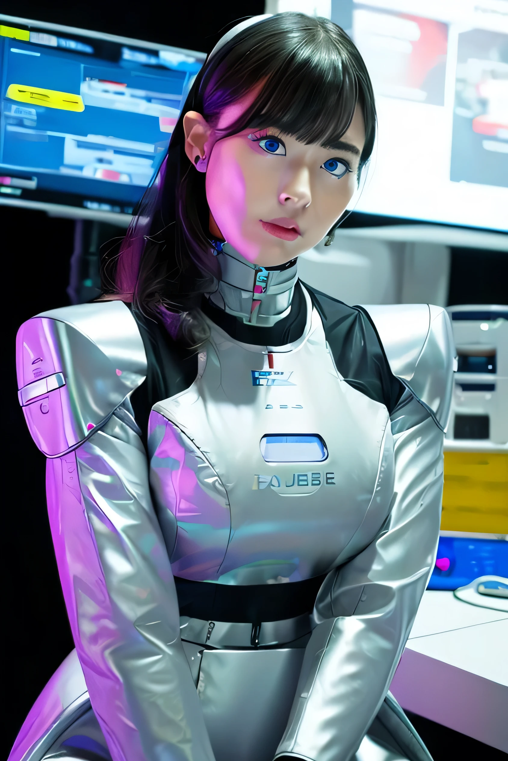 masterpiece, best quality, Japaese Cyborg Girl,Plump , announcer,control panels,android,Droid,Mechanical Hand, ,clothes with a sense of mechanical technology, Robot arms and legs, Black Robot Parts,Black hair,Mechanical body,Blunt bangs,White abdomen,White robotics parts,tube dress,perfect robot woman,perfect android woman, perfect mechanical woman,future laboratory,android factory,cyborg factory,robot factory,cyber pank,charging spot,long tube,thick cable connected her neck,bowing,maintainance her,repaired her,blue eyes,dark black tights,a bit chubby