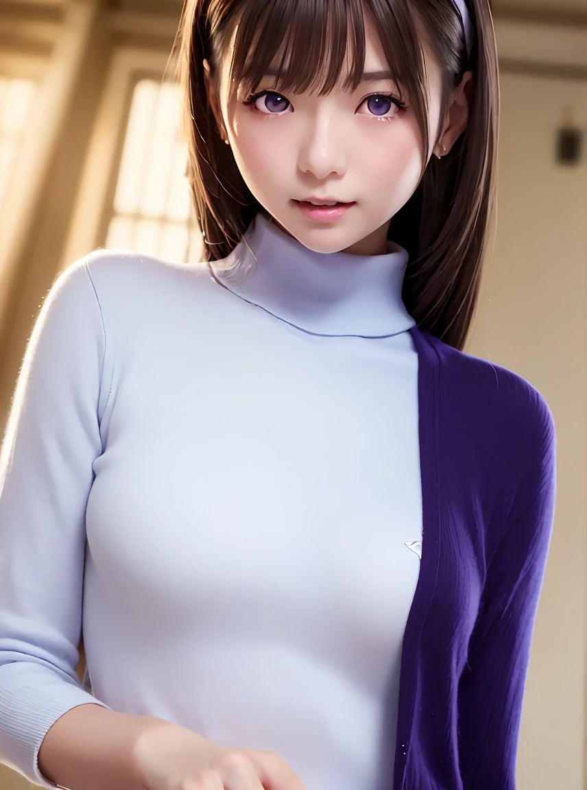   high resolution ,In 8K, highest quality, Details,Semi-realistic anime, D Anime Style , Smooth Anime CG , one girl playing pranks,19-year-old Japanese woman,slim,modeling,VERY STRAIGHT HAIR , medium hair, pink sparkling lips , Shiny brown hair, Detailsな顔,Beautiful and  Details, ((Round eyes)),(( deep blue-purple glowing eyes)),(Shut your mouth.),(Laughter),(冬clothes, Red turtleneck, Mittens, 長い白いトレンチコートを着て、Wear a long white trench coat with red tights underneath 
