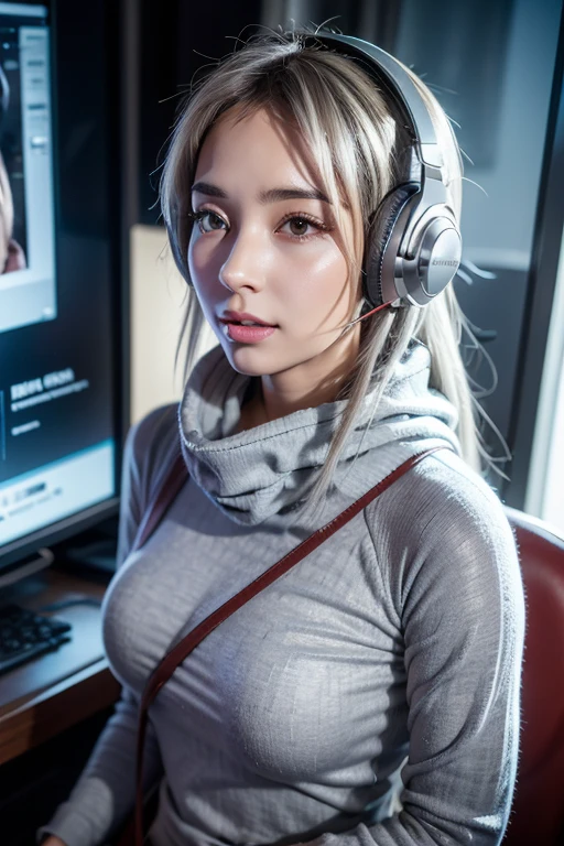 arafed woman with headphones on her head and a scarf, with headphones,  8K Portrait Rendering , Gaming Headset  , Wear a gaming headset,  gway style artwork,  wear headphones, High Quality Portrait ,  photorealistic anime girl rendering, Lostrun 8k, Wearing modern headphones, Girl Silver Hair, With headphones, Silver Haired Girl,  very large breasts