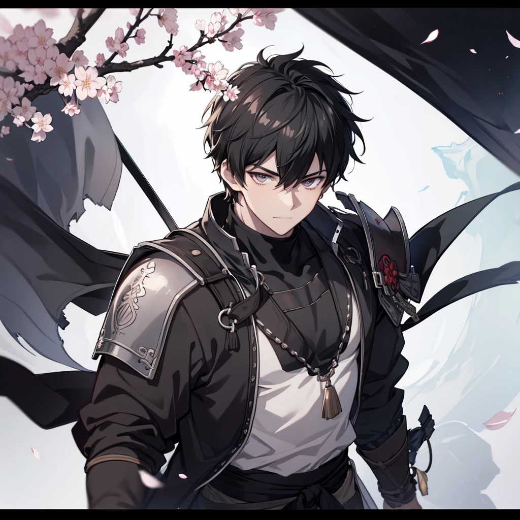 Portrait from the belly up,  illustration of a young man , Black Hair, Short Hair,  dark eyes,  short wolf hair , 20-year-old man,  wearing black thin armor , A smirking expression, Official Art、 highest quality、 unity 8k Wallpaper 、32K、masterpiece、Super detailed, Male nose, Male Eyes , Male outline ,  male skeleton , Male Body,  looking down from above,  very fine artistic background, medieval fantasy background , Cherry blossoms falling like snow, 