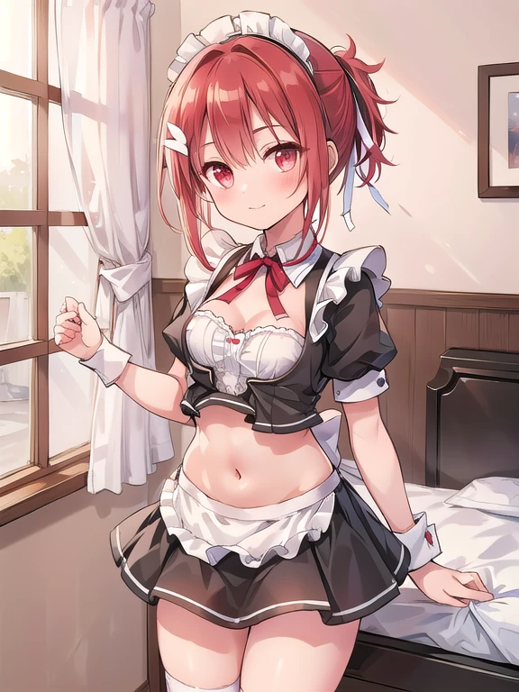  beautiful illustrations from the front、Navel exposure、(( maid clothes)),( miniskirt in length),(masterpiece、Best Quality、8k ), (beautiful details),  high definition face,  Full Photo,  highly detailed CG , (Perfect hands,  perfect anatomy), 1 cute girl,Redhead、  short ponytail, White hair ribbon, Hair Accessory ,Red eyes,  small breasts, sexy pose,Thighs、 cowboy shot、