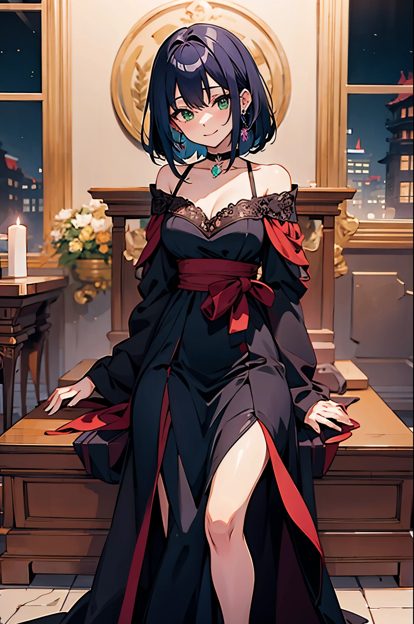 masterpiece, best quality, anime coloring, shiny skin, 1girl, pa-san, green eyes, purple colored inner hair, ear piercing, hime cut, choker, black dress, long dress, shoulder cutout, sleeves past fingers, indoors, seductive smile,