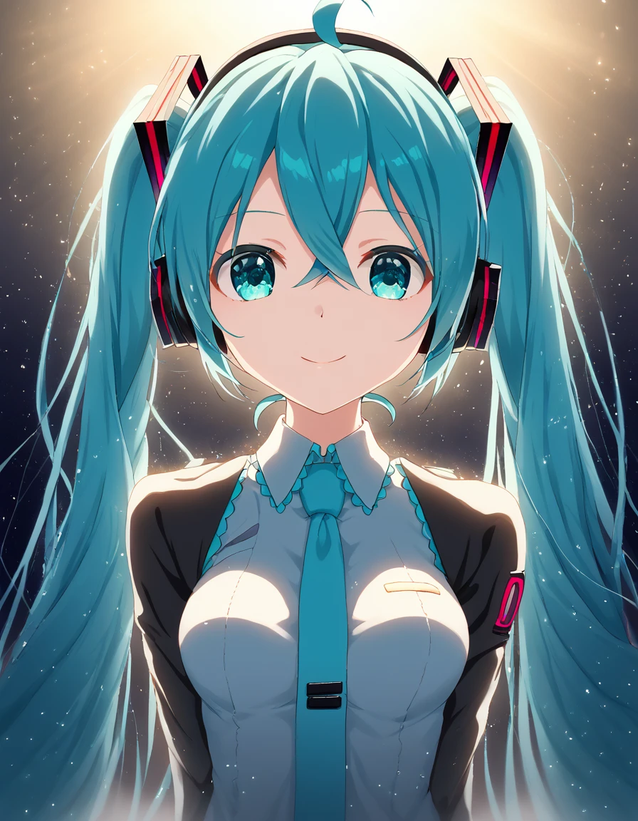 Anime style, POV viewpoint , miku hatsune, ahoge, aqua eyes, aqua hair, crossed bangs, hair between eyes, hair ornament, headphones, long hair, twintails, medium breast, beautiful, Volumetric lighting, Volumetric particles, indoor,