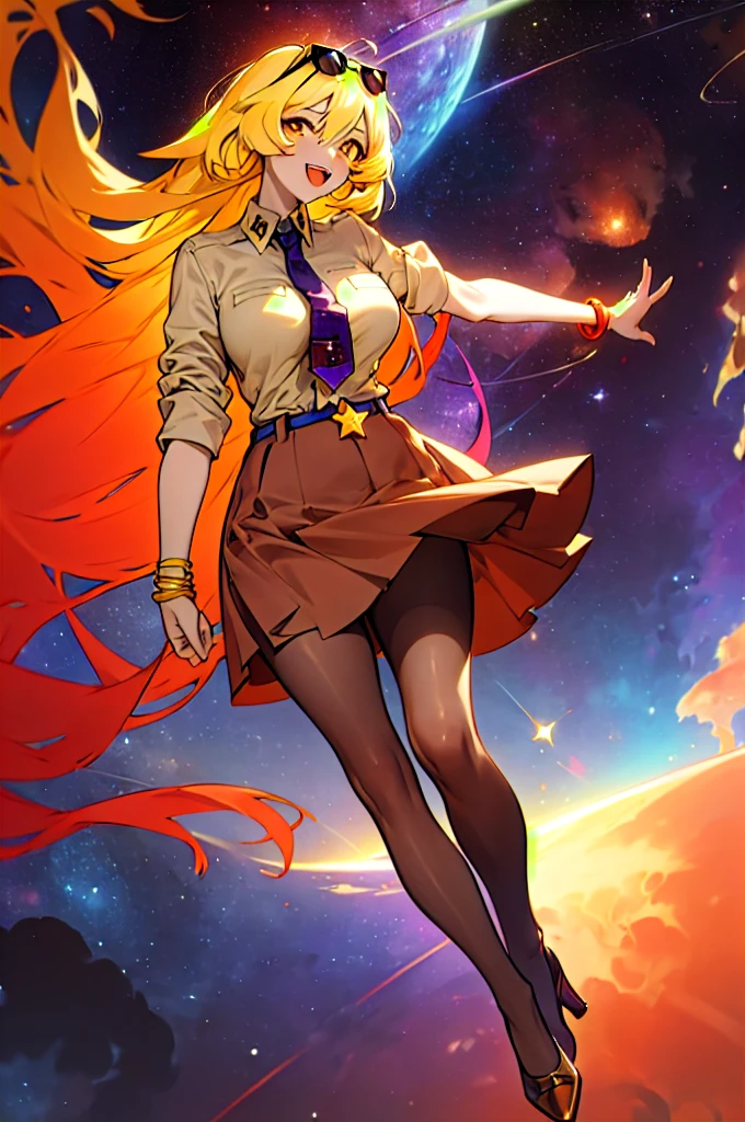 masterpiece, best quality,  sunsensei, gradient hair, sunglasses, eyewear on head, collared shirt, sleeves rolled up, necktie, brown skirt, belt, pantyhose, bracelet, large breasts, nebula, stars, outer space, floating, high heels, looking at viewer, :D