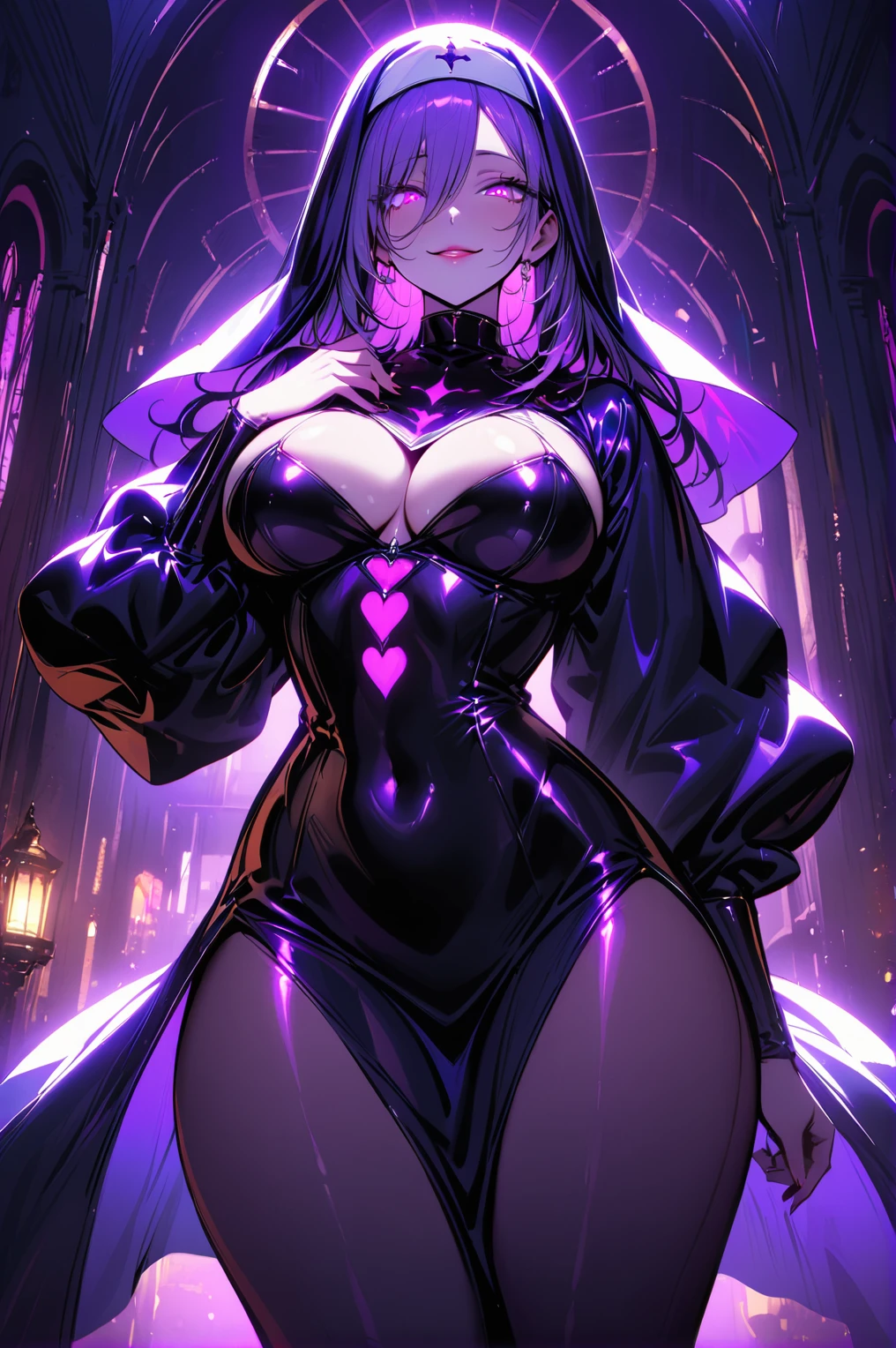  Young Beautiful Woman ,(Best Quality, Extremely Detailed Description , Incredibly Absurd Hi-Res,Curvy Legs),(Glowing Skin, Shiny Skin,Oilskin),(Clergy,Intricate shiny nun clothes),eyelash,(Intensely glowing purple eyes,Crazy Eyes,There is cleavage in the chest, bewitching smile, shiny lips,Seductive gestures, where the opening is ),whole body,background:Bedroom at night