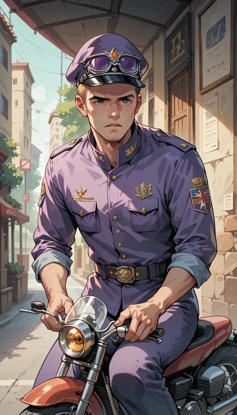 he young motorcycle messenger, during the war, purple military uniform.