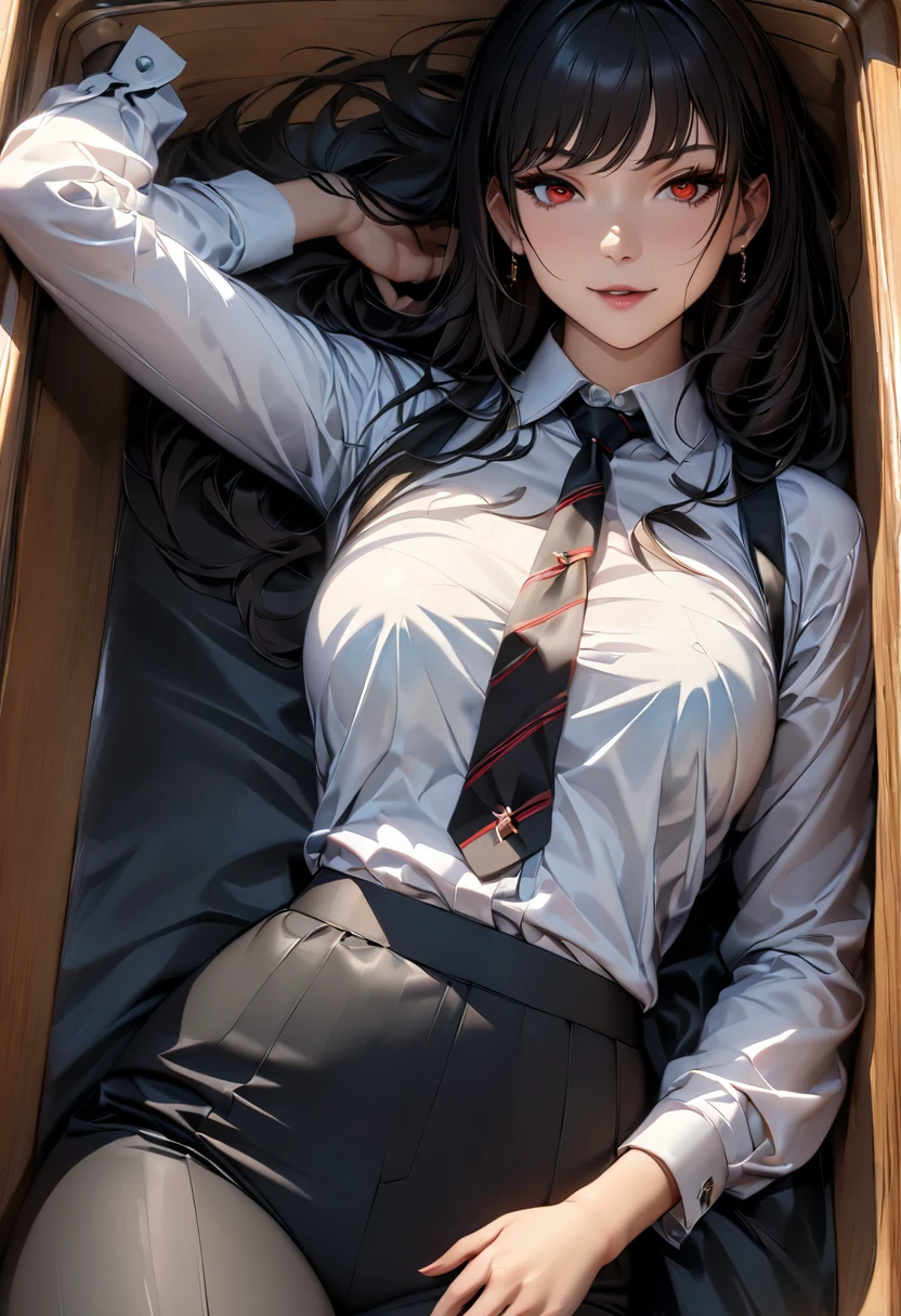 a mature vampire woman with big red eyes, white long hair, beautiful detailed face, laying down in a coffin, simple pose, attractive figure, shot straight. detailed outfit, white shirt, tight black suit, tie, tight black pants, (best quality,4k,8k,highres,masterpiece:1.2),ultra-detailed,HDR,UHD,studio lighting,ultra-fine painting,sharp focus,physically-based rendering,extreme detail description,professional,vivid colors,bokeh,dark fantasy,horror,chiaroscuro,dramatic lighting
