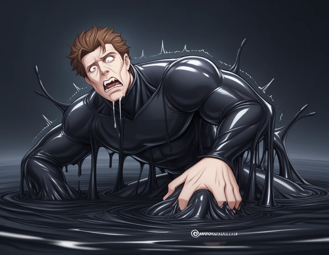 (big black rubber penis:1.5,bigballs),standing in black slime tentacles lair,flexing an arm,(((human head:male,bara face,short hair:brown,melting:1))),(in black slime rubber suit,rubber suit:1.5 ),(black slime forest background:1.5),(by ross ,by null-ghost, by thebigslick, by darkgem, by honovy)