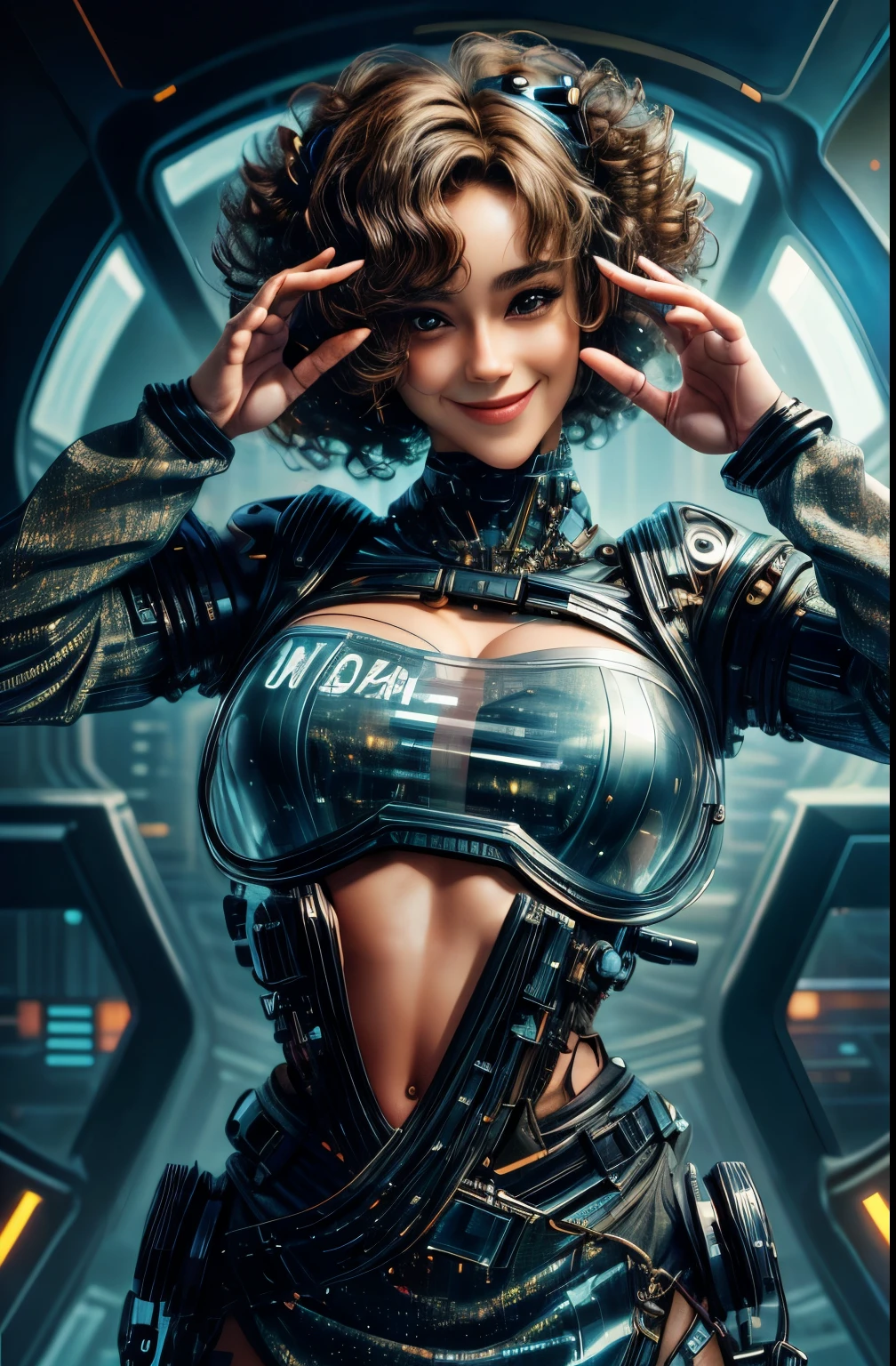 a beautiful cyber punk girl, medium bust, smiling, ok sign pose, medium curly hair, (see through, underboob), dress revealing upper body, portrait