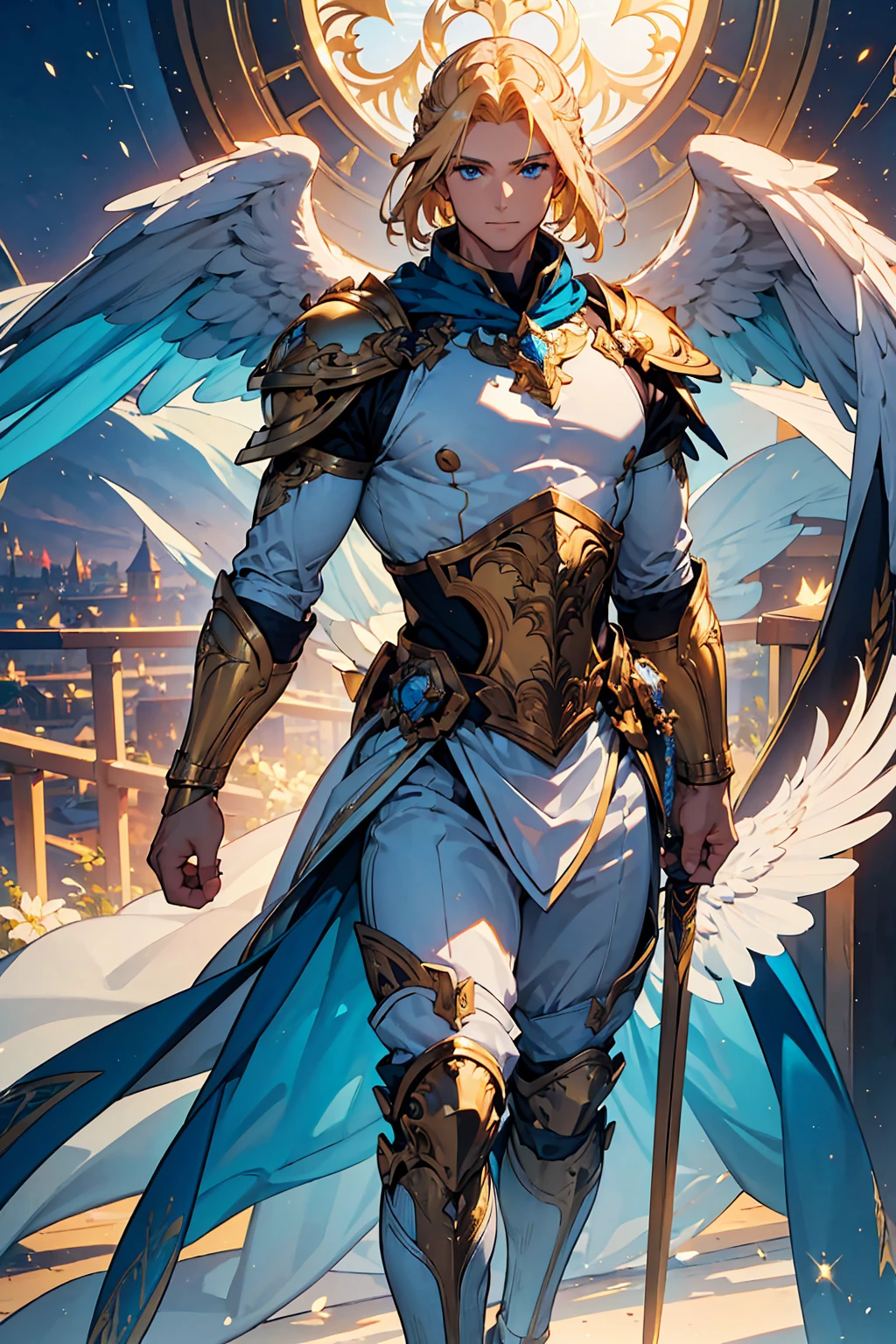 (((masterpiece, best quality, high detailed, 16k))) (1male) "Radiant Guardian," a tall, muscular male angel with golden hair, radiant blue eyes, and wings that shimmer with brilliant white and gold feathers. He wears shining white armor with intricate gold patterns, holding a majestic golden sword. His presence radiates warmth, protection, and pure light. ((full body)), ((extremely detailed)).