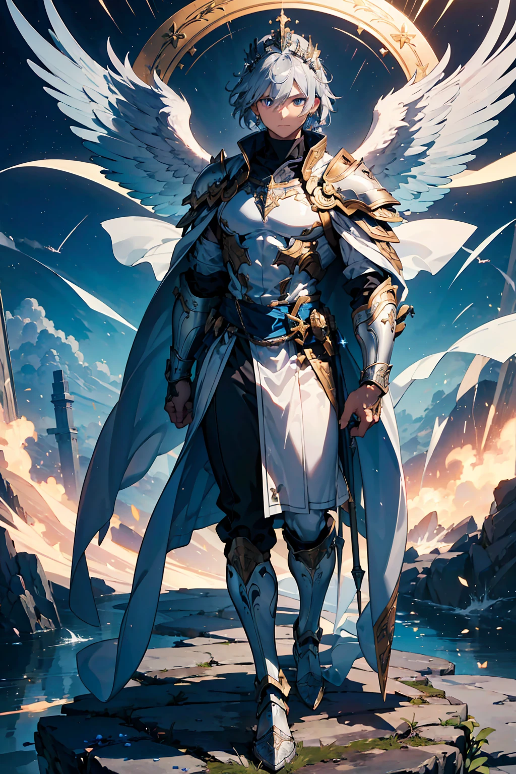 (((masterpiece, best quality, high detailed, 16k))) (1male) "Seraph of Light," a divine male figure with flowing silver hair and intense, clear eyes. He wears lightweight, glowing armor adorned with ancient runes, his six ethereal wings shimmering in shades of silver and blue. He holds a staff crowned with a radiant gem that emits pure, cleansing light. ((full body)), ((extremely detailed)).