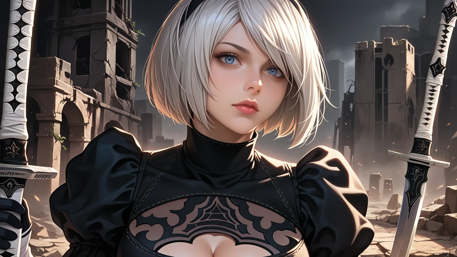 score_9, score_8_up, score_7_up,source_photo,
realistic, bright colors, high contrast, vivid lighting,
a mature adult woman draw inspiration from 2B_\(nier:automata\), 
detailed face, beautiful face, face in sharp focus,  
anatomically correct body, perfect hands, perfect fingers, 
bob cut, silver hair, black hairband, 
2B skirt, nier dress, cleavage cutout, skirt, thigh highs under boots, long sword,
dark background, city ruins, 

