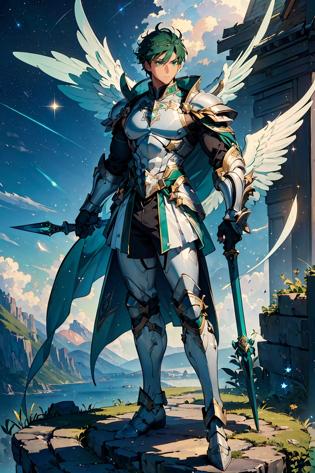 (((masterpiece, best quality, high detailed, 16k))) (1male) "Celestial Protector," a robust male angel with emerald green eyes and skin that seems kissed by stardust. His silver armor reflects hues of the sky, with delicate blue and green detailing. He wields a massive shield and spear, his aura a bastion of peace and strength. ((full body)), ((extremely detailed)).