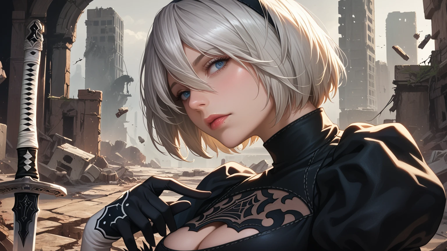 score_9, score_8_up, score_7_up,source_photo,
realistic, bright colors, high contrast, vivid lighting,
a mature adult woman draw inspiration from 2B_\(nier:automata\), 
detailed face, beautiful face, face in sharp focus,  
anatomically correct body, perfect hands, perfect fingers, 
bob cut, silver hair, black hairband, 
2B skirt, nier dress, cleavage cutout, skirt, thigh highs under boots, long sword,
dark background, city ruins, 

