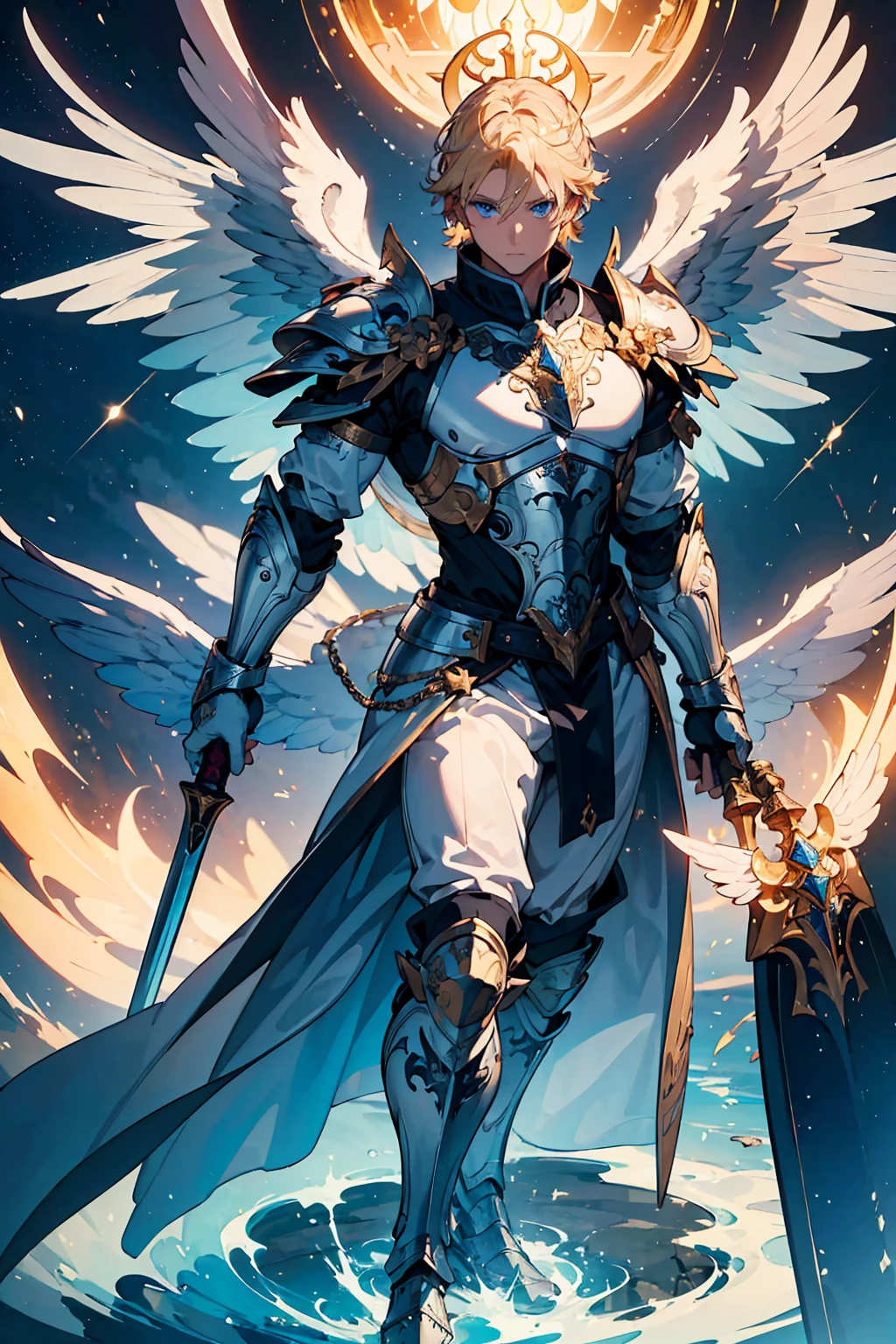 (((masterpiece, best quality, high detailed, 16k))) (1male) "Divine Champion," an angelic warrior with short blonde hair and deep blue eyes, his armor shining in celestial white and adorned with silver engravings. His wings are broad and powerful, and he wields a massive, glowing battle axe, his presence exuding courage and divine strength. ((full body)), ((extremely detailed)).