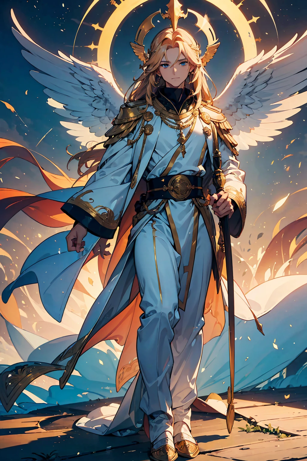 (((masterpiece, best quality, high detailed, 16k))) (1male) "Heavenly Herald," a slender male angel with long, flowing golden hair and serene eyes that shift like the dawn. He wears elegant, flowing white robes with gold accents and carries a holy trumpet adorned with divine symbols. His wings shimmer with the colors of sunrise, his presence calm and uplifting. ((full body)), ((extremely detailed)).