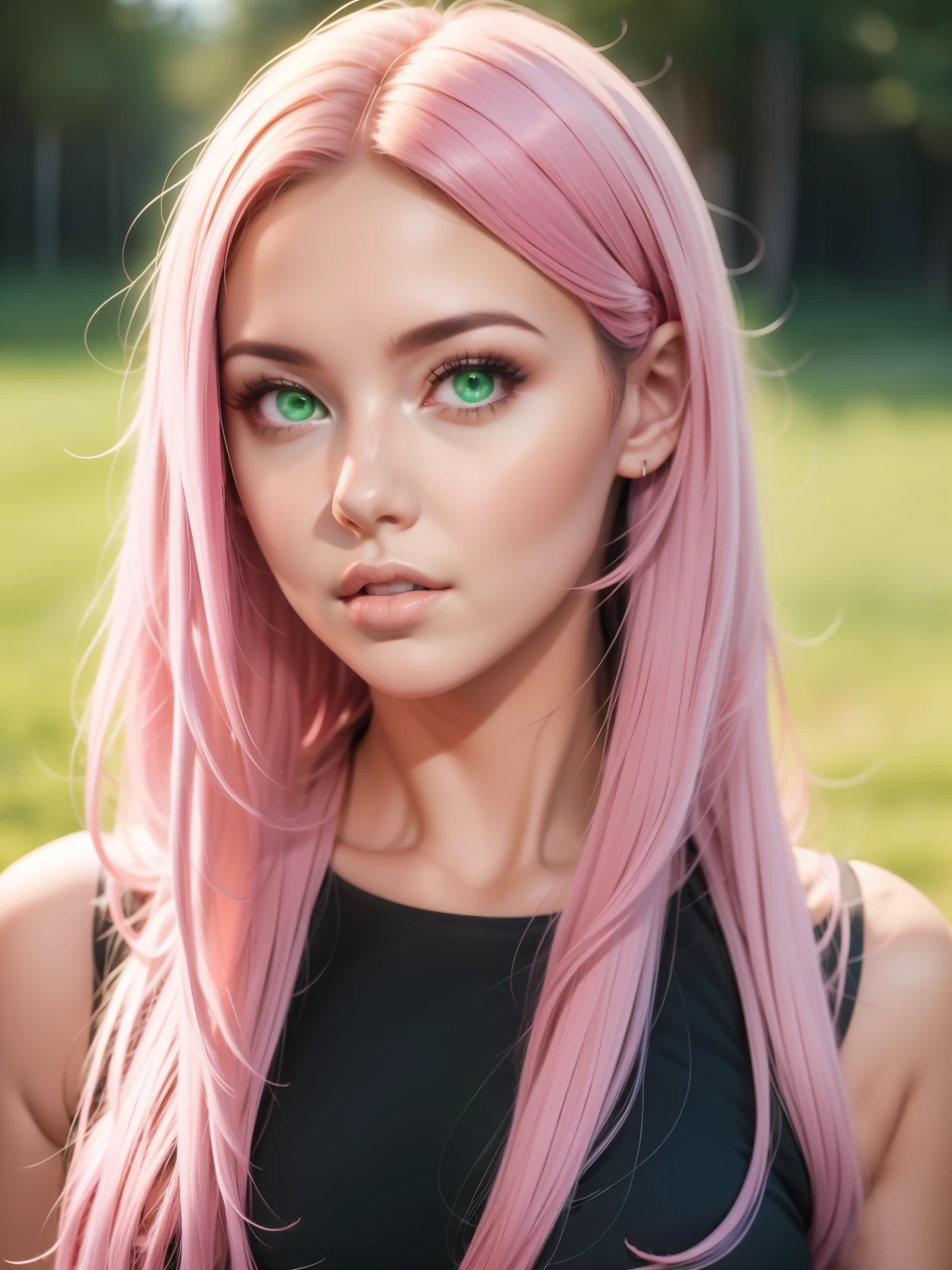 young woman, long bubblegum pink hair, wide forehead, emerald green eyes, upturned nose, thick pink lips, heart-shaped face, black dress, slender, Sakura Haruno, realism, well detailed, 3d