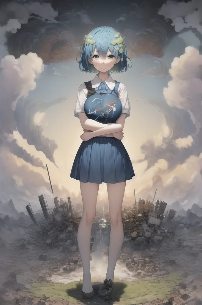 (masterpiece, best quality:1.2), solo, 1girl, earth-chan, crying, looking at the two hands hugging the earth, a miserable expression because of the destruction and pollution of the environment.