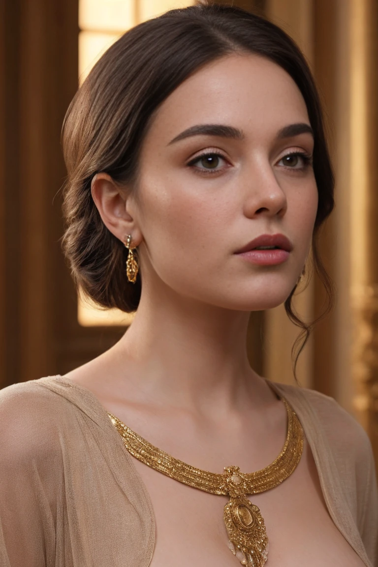 beautiful woman in ancient roman tunic, naked, sensual, intricate details, highly detailed facial features, elegant hairstyle, golden jewelry, dramatic lighting, cinematic composition, photorealistic, 8k, high resolution, masterpiece, award winning digital art