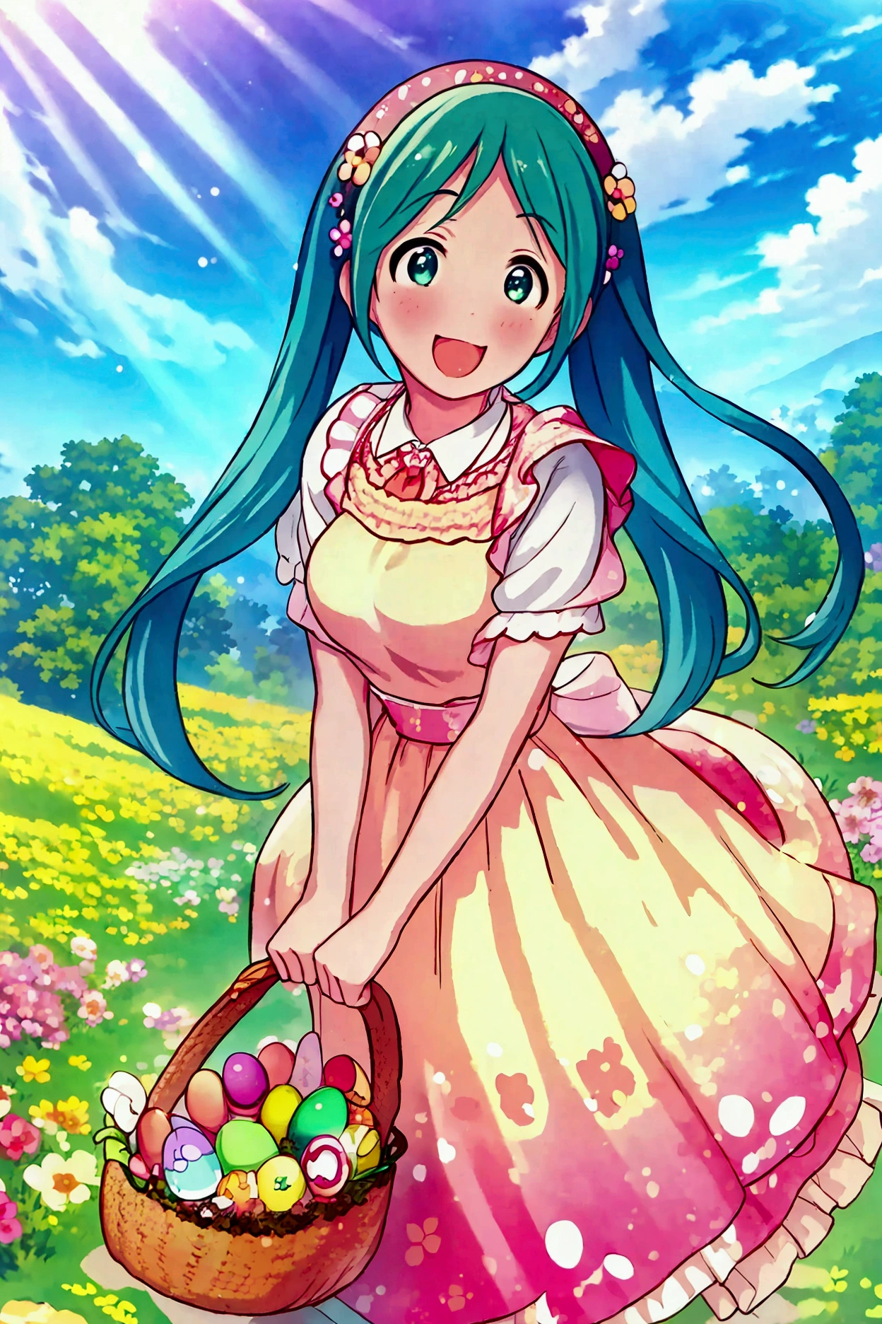 (masterpiece、Best Quality、Best Quality、Official Art、Beautiful and beautiful:1.2)、(One person:1.3) Hatsune Miku、 twin tails,Beautiful breasts,、(masterpiece), Best Quality, HOLD A SUNNY SPRING DAY , in a meadow full of flowers, a girl in colorful dress and white_apron, holds a basket of Easter egg with rabbits around her, Easter, Easter egg, rabbit, flower, smile, Floral print, dress, basket, frills, bow, watching viewers , frilled dress, the above, Cute 00d