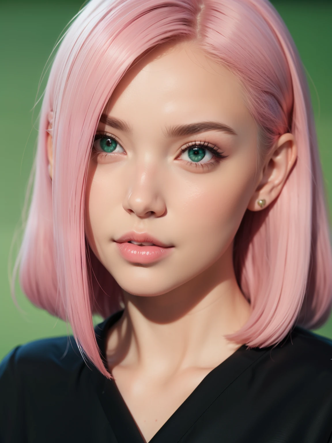 young woman, long bubblegum pink hair, wide forehead, emerald green eyes, upturned nose, thick pink lips, heart-shaped face, black dress, slender, Sakura Haruno, realism, well detailed, 3d