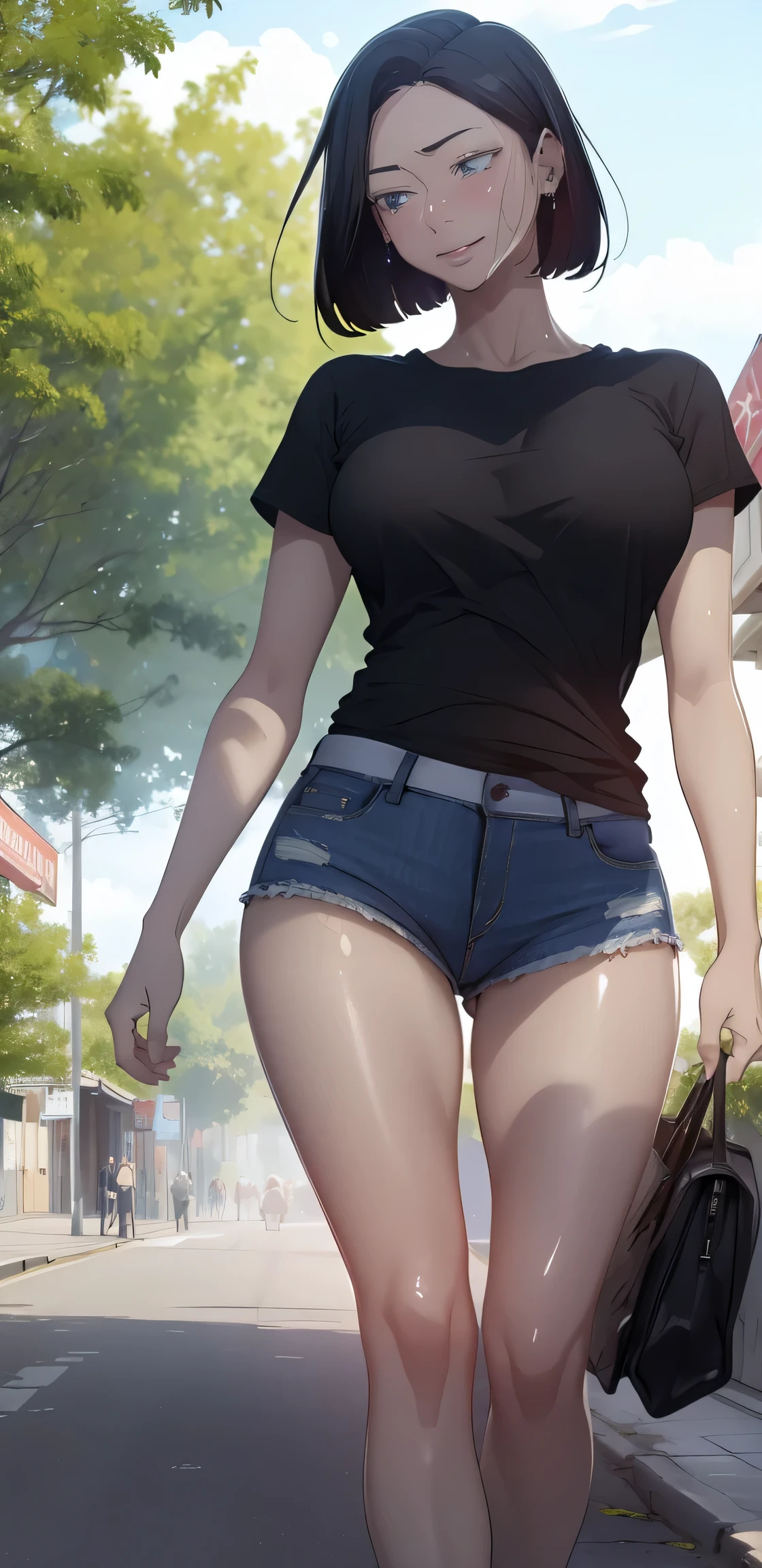 masterpiece,best quality, official art, extremely detailed CG unity 8k wallpaper, ((top quality, 8k, masterpiece: 1.3, ultra hd, high quality, best quality, high definition, ((realism)), sharp focus: 1.5,(Very detailed CG unity 8K wallpaper), Dark Cinematic Lighting, cinematic lighting, sooahdef \(Secret Class\), large breasts, fair skin,sweaty body, sweaty face, seductive smile, earrings, Looking at the viewer, pov eye contact, embarrassed, shy, blushing, bob_cut, short hair, front view, 1girl, t-shirt, wet t-shirt, denim hot pants, city, outdoors, smile, looking at viewer, simple background , full body, street, ripped denim, standing,
