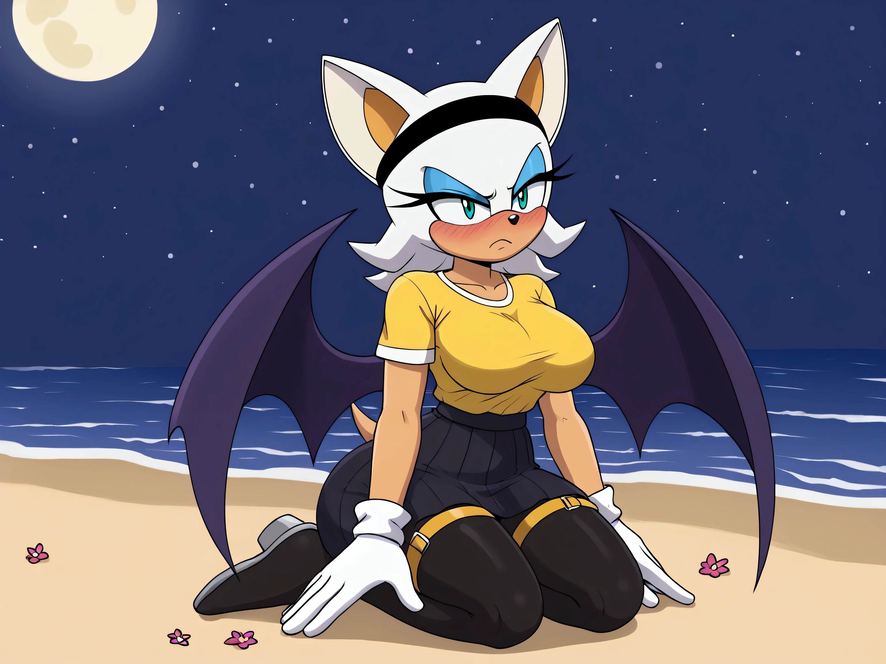 Rouge the bat, angry look, ), (blue eyes,large breasts ,  black headband with flowers , comfortable clothes,muslos grandes,, big butt ,large breasts , yellow and black tights with straps ,on the beach,Sitting kneels , black flick,yellow sweatshirt ( White gloves ) in the background the big moon ,Skirt covering the butt, night,blushing