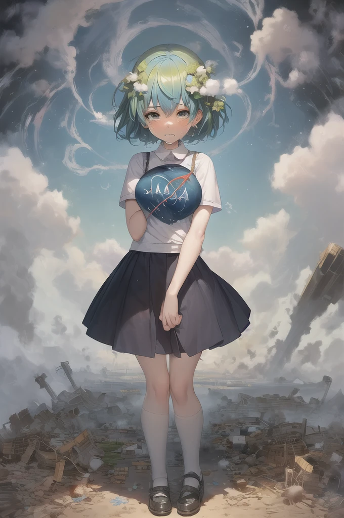 (masterpiece, best quality:1.2), solo, 1girl, earth-chan, crying, looking at the two hands hugging the earth, a miserable expression because of the destruction and pollution of the environment.