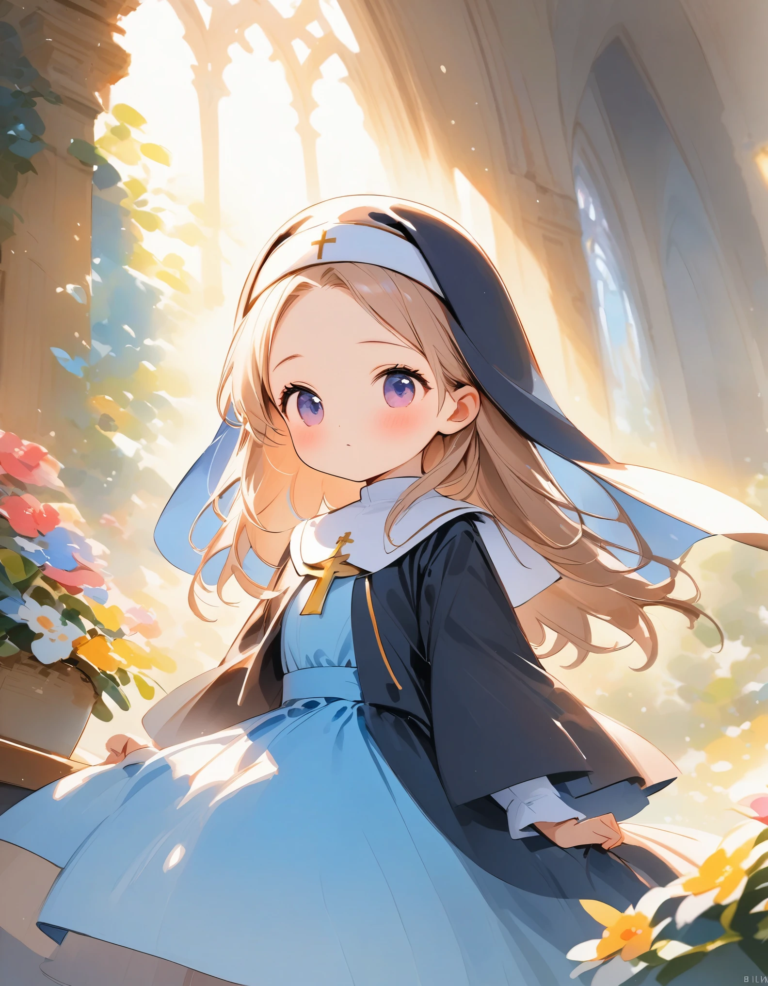Cute Nuns、1 girl、 、Watercolor、 using light colors、((Nun costume、The Scapular、Wimple))、 Quiet Cathedral 、prayer、God's Work 、Streaks of light、Inspiring composition、masterpiece:1.2、 high quality