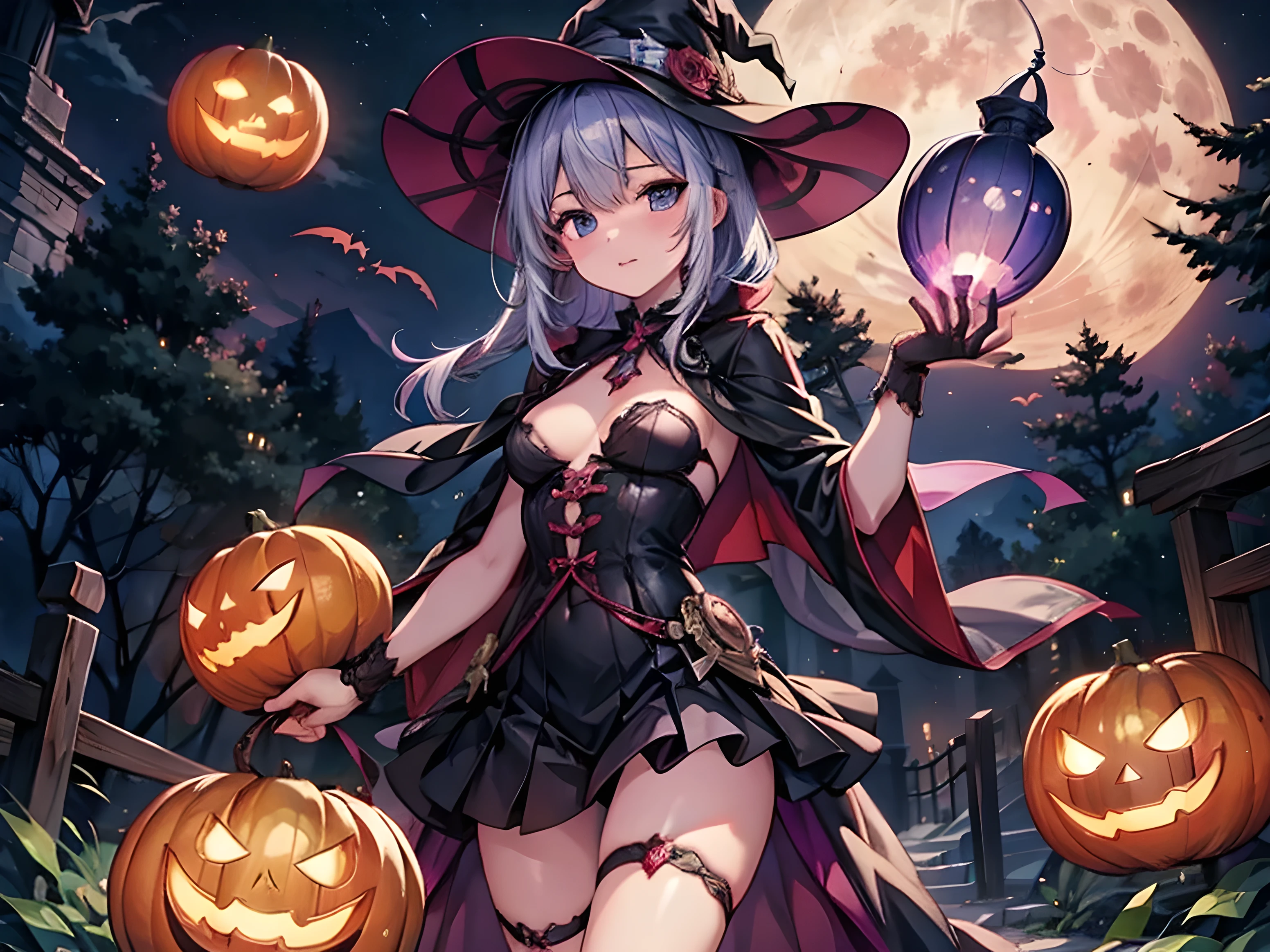 purple and silver hair,witch,  alien world , charming,  Movie Lighting  ,8k, Jack O Lantern  ,Small breasts,lure,full moon