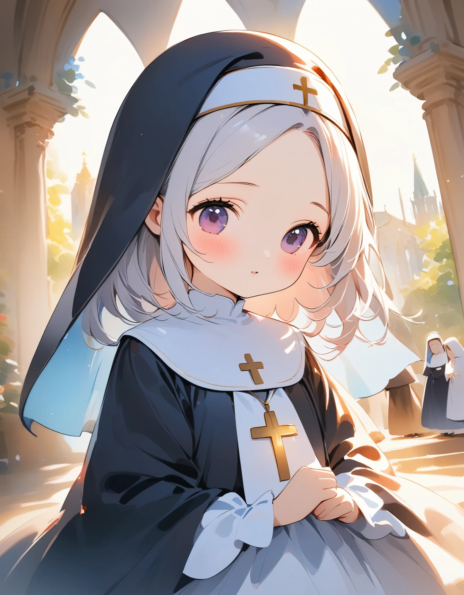 Cute Nuns、1 girl、 、Watercolor、 using light colors、((Nun costume、The Scapular、Wimple))、 Quiet Cathedral 、prayer、God's Work 、Streaks of light、Inspiring composition、masterpiece:1.2、 high quality