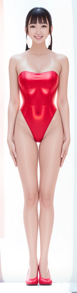 On a white background,A tall and beautiful Chinese girl,with fair skin,Toothy smile,A big smile,When you laugh, Your eyes are crescent-shaped,blunt bangs, long straight hair,Wear a one-piece swimsuit and pumps,Swimsuits are decorated with joyful patterns, Stand up straight,Stand upright,hands on sides,Symmetrical distribution,Ray tracing,All shaded areas,No windows, Soft lighting, Warm light, flood light, no lights on the top, Studio light, 1.4x Realistic Ultra HD