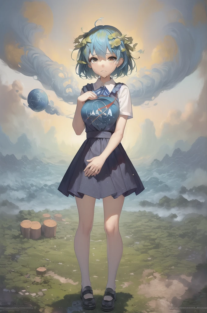 (masterpiece, best quality:1.2), solo, 1girl, earth-chan, (masterpiece, best quality:1.2), solo, 1girl, earth-chan, crying, looking at the two hands hugging the earth, the earth in her hands, a miserable expression because of the destruction and pollution of the environment.