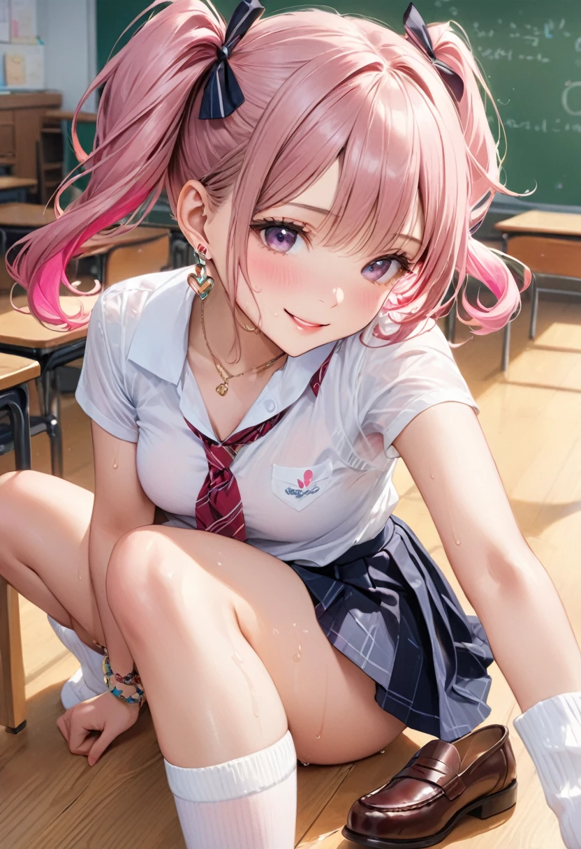 (nsfw)、(masterpiece:1.3, Best Quality,  ultra high resolution, Super detailed), (Realistic、 so cute、photoRealistic:1.4),  beautiful illustrations from the front,  Full Photo,Anatomically perfect、 THE DEPTH OF WRITTEN BOUNDARY, (Black hair with pink inner color、 black and pink hair 、 twin tails)、( HIGH SCHOOL GIRL、 school uniform with broken leg、 Summer clothes、 white shirt、 earrings、 necklace 、 bracelet)、( white loose socks、 brown loafers )、(((sweat、 oily skin )))、(classroom)、smile、(((vagina、 lots of love juice)))、(((脇のsweat染み)))、(((脇sweat)))