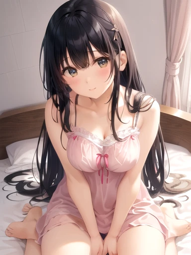 Cute girl, wearing only a nightgown that shows through her skin, (Sitting on the bed with her legs spread and showing off her crotch), her nipples are coming out of a large size nightgown, a large size, shy, very embarrassing, view viewers, detailed skin, detailed face, slender, girl, best quality, ultra-detail, full HD, 4K, 8k, Long hair