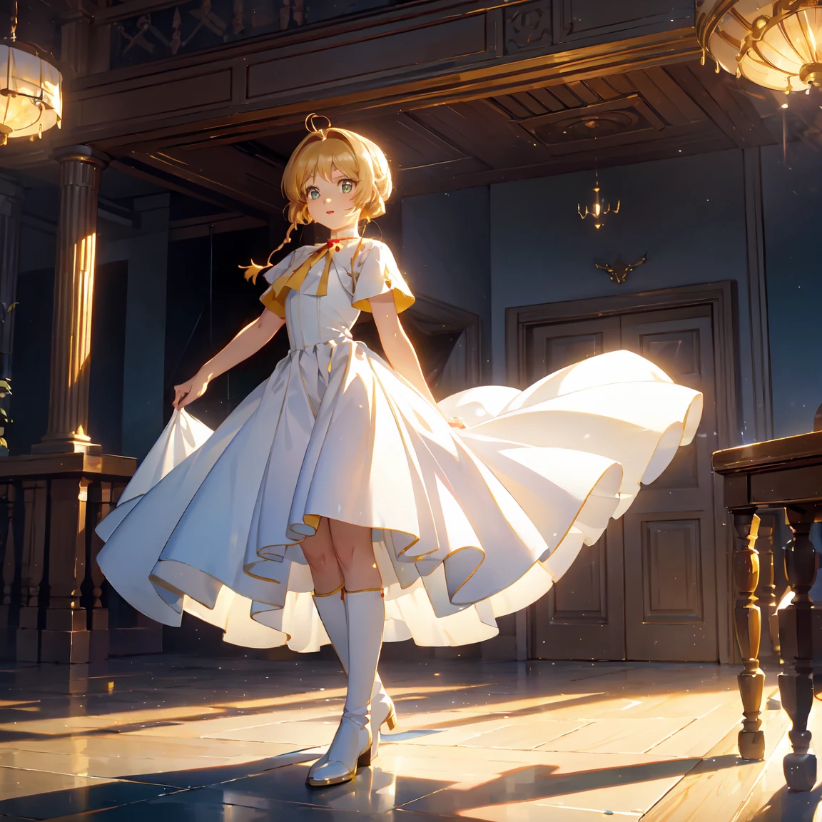 a beautiful detailed portrait of  Coudelia Ina Bernstein from Gundam IBO, ( Coudelia Ina Bernstein), (Wide angle:1.27), (full length portrait:1.37), thigh length yellow hair in a single braid, Contrapposto Pose, View from a little below,  excited expression  , Wearing a white formal gown, Lift up the dress, Revealing white thigh-high boots, A glimpse of the red thong underneath, Round Hips, Advanced Details,  intricate details ,  Cinematic Lighting, Inside the spacecraft hangar, break:  skirt flip,  can be lifted by itself,  ball gown, Howip, How, Cum on panties, idropmypanty 