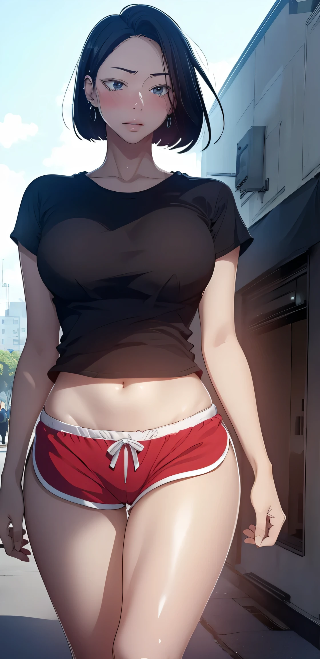 masterpiece,best quality, official art, extremely detailed CG unity 8k wallpaper, ((top quality, 8k, masterpiece: 1.3, ultra hd, high quality, best quality, high definition, ((realism)), sharp focus: 1.5,(Very detailed CG unity 8K wallpaper), Dark Cinematic Lighting, cinematic lighting, sooahdef \(Secret Class\), large breasts, fair skin,sweaty body, sweaty face, seductive smile, earrings, Looking at the viewer, pov eye contact, embarrassed, shy, blushing, bob_cut, short hair, front view, 1girl, crop t-shirt, loose shirt, dolphin shorts, full body, standing, night, street, simple background, dynamic pose, blush, navel, underboob , crop t-shirt