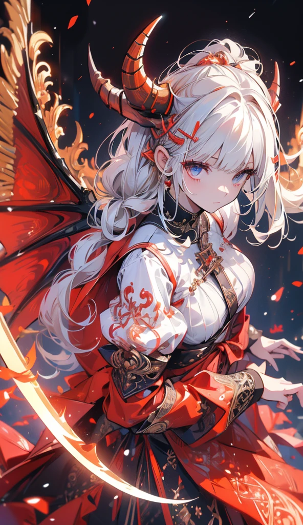 (masterpiece), (best quality), (detailed), light layer, lustrous skin, (intricate detailed , taut clothes, , demon wings,hair ornament :1.2), from above, white hair, black choker, long hair, hime cut, demon horns, circular demon horns, woman, blunt bangs, sidelocks, thicc, rainbow eyes, imperatriz, holding quarterstaff,holding scythe,holding sword, (mature female:1.1),full body, side-ponytails, (simple background:1.1),  