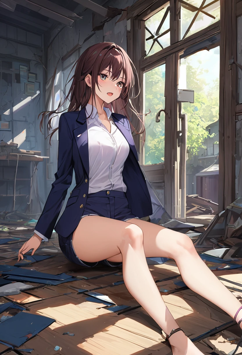  girl、On the floor of an abandoned house、 The floor is messy、Dynamic Expressions、blazer、 shorts