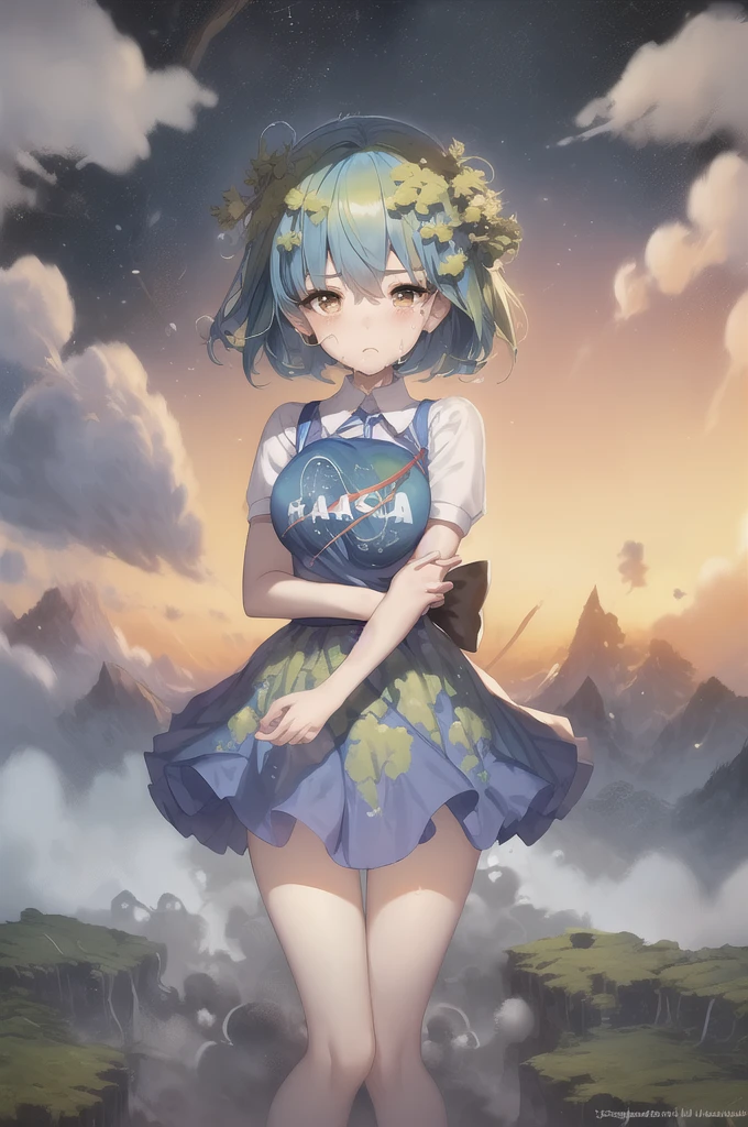 (masterpiece, best quality:1.2), solo, 1girl, earth-chan, (masterpiece, best quality:1.2), solo, 1girl, earth-chan, crying, looking at the two hands hugging the earth, the earth in her hands, a miserable expression because of the destruction and pollution of the environment.