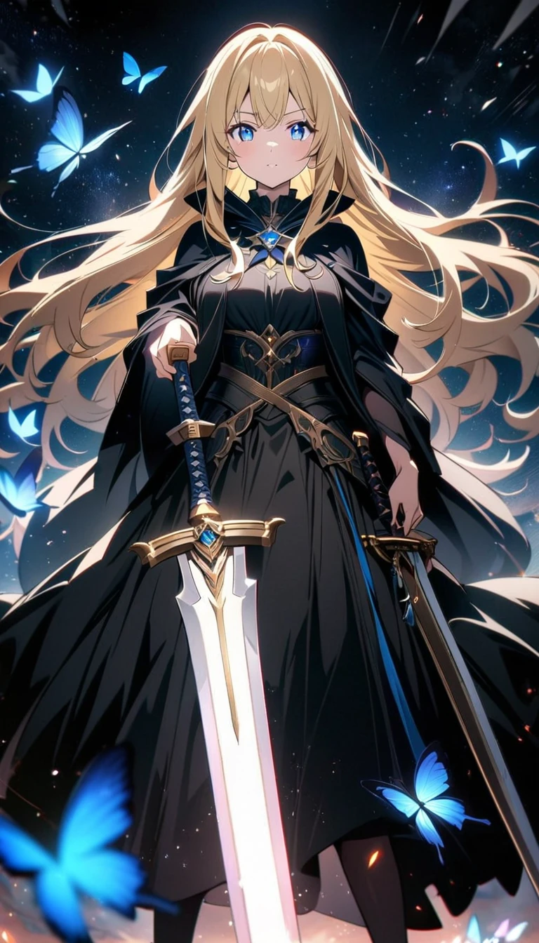  anime style,Woman holding a sword,  a woman holds a sword in front of her body  .,blonde,Long Hair,  wearing a black cloak  ,  blue eyes  ,Sparkling Eyes,Sparkling Eyesのハイライト ドレスの衣装,Wear a black cloak  , A blue butterfly flutters its wings  ,  noble atmosphere,  a dazzling sword illuminates the world  ,  emphasizes a woman with a proud face  ,The background is space,low angle masterpiece,Best Quality,Exquisite,8k,  absurd,Ultra-detailed illustrations,( Viewers )