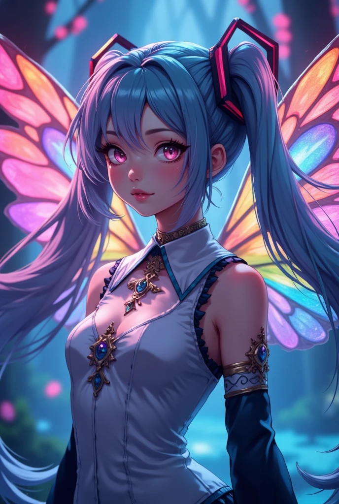 Masterpiece, {beauty},solo,1 girl, pink dress, fantastic hair, neon background white wings, cloud background, lake blue hair