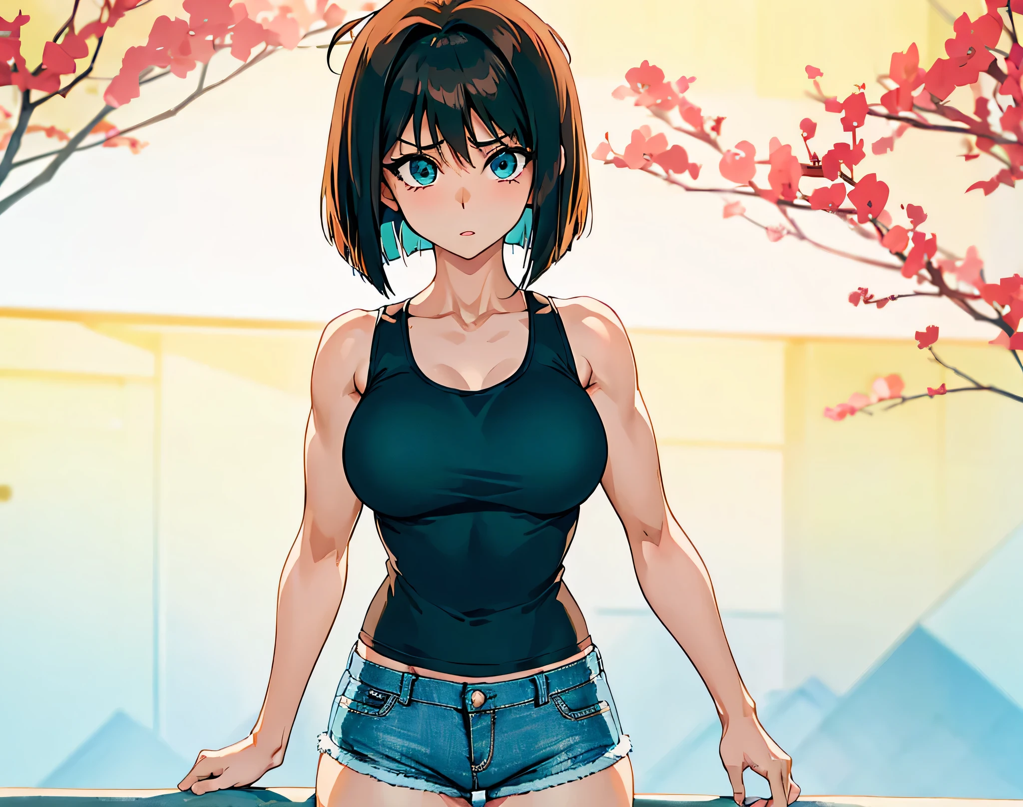 Brown Hair anime woman sitting on floor with legs crossed, Blue Eyed Woman,  bob cut ,  anime styleキャラクター, clothing: black tank top, A woman wearing denim shorts,  anime styleで, Big Breasts,  Anime Moe Art Style ,  anime style,  female high school students,  adult sex appeal,  anime style, Muscular Woman, Short Hair, Brown Hair,  Teal Eyelids, In anime style, feminine and muscular,  Skin Tight Tank Top , Bare Arms, Bare shoulders, alone, looking at viewer, Female focus,  cowboy shot,