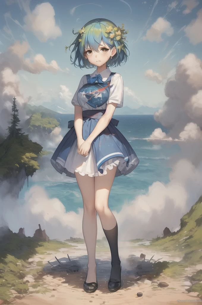 (masterpiece, best quality:1.2), solo, 1girl, earth-chan, (masterpiece, best quality:1.2), solo, 1girl, earth-chan, crying, looking at the two hands hugging the earth, the earth in her hands, a miserable expression because of the destruction and pollution of the environment.