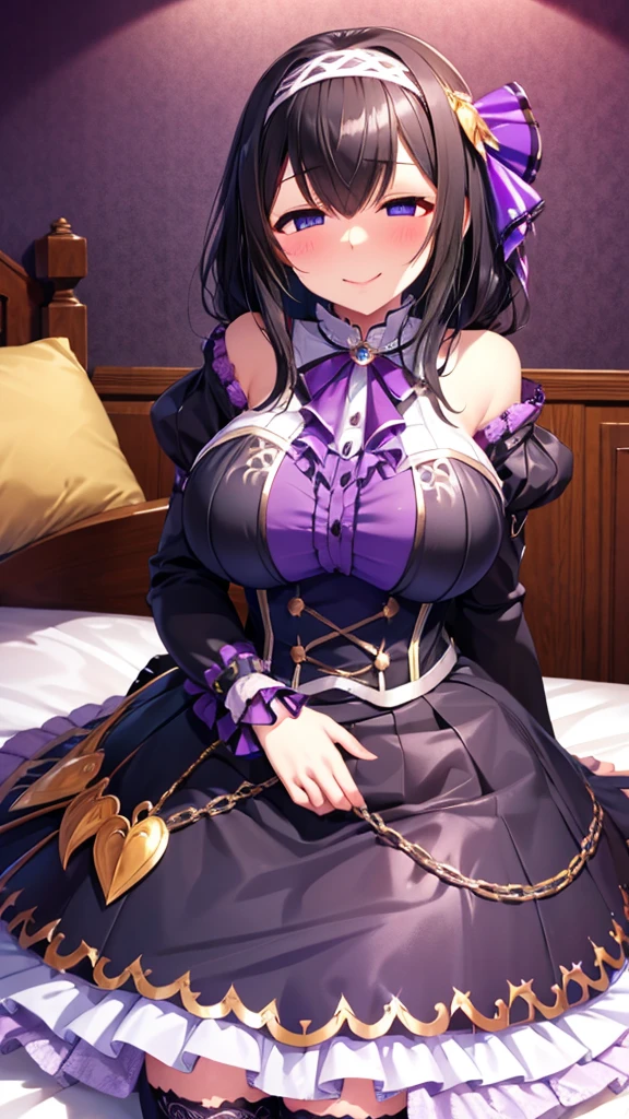 tall、Big Breasts、Black Hair、White hair band、Black Gothic　corset　 long skirt 　Frills　 High Socks 、Evil Warrior、 sexy、 wicked smile、tall、lure、Alluring、sparkling purple wall、bedroom、bed、Fall into Darkness、Fallen into evil、bedに寝そべる