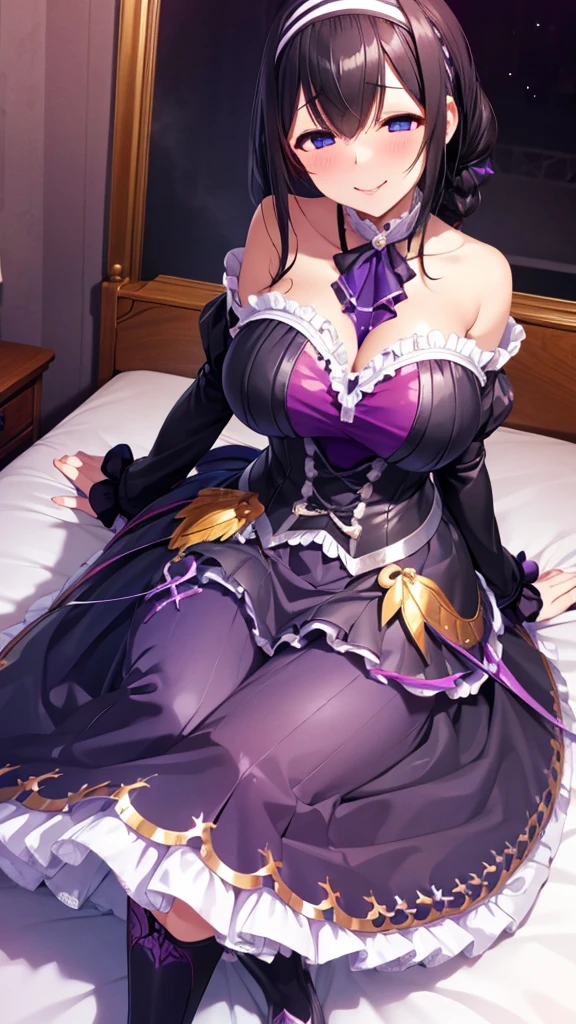 tall、Big Breasts、Black Hair、White hair band、Black Gothic　corset　 long skirt 　Frills　 High Socks 、Evil Warrior、 sexy、 wicked smile、tall、lure、Alluring、sparkling purple wall、bedroom、bed、Fall into Darkness、Fallen into evil、bedに寝そべる