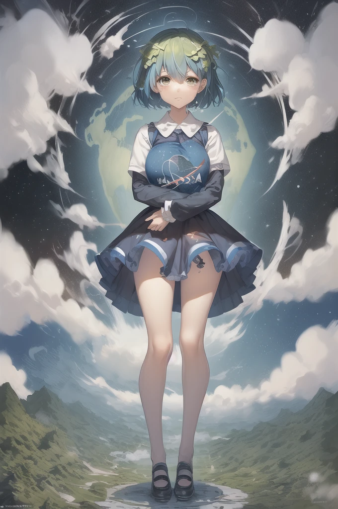 (masterpiece, best quality:1.2), solo, 1girl, earth-chan, (masterpiece, best quality:1.2), solo, 1girl, earth-chan, crying, looking at the two hands hugging the earth, the earth in her hands, a miserable expression because of the destruction and pollution of the environment.