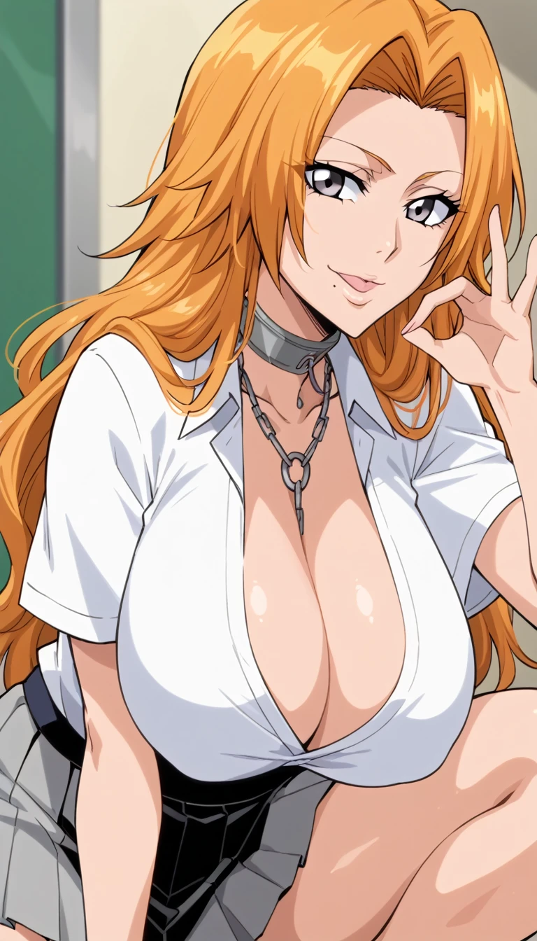  score_9,  score_8_up,  score_7_up, sauce_Anime,  (Anime coloring, Anime screencap:1.2),  flat color, Goddess Magazine,  Shiny Skin, BLEACH,rangiku matsumoto, long hair, grey eyes, orange hair, mole, mole under mouth, parted bangs,skirt, shirt, cleavage, jewelry, school uniform, pleated skirt, necklace, chain, collar, short sleeves, grey skirt, white shirt,(Huge breasts,hanging breasts), smile,Licking gesture,squat,Leg spread,indoor, 